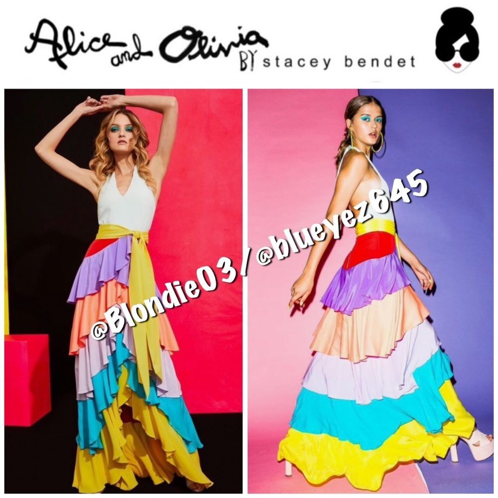 Alice + Olivia “Elmira” halter neck ruffle tiered gown 8 NWT